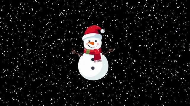 Cute Snowman Christmas Animation with Falling Snow &ndash; Transparent Background Winter Holiday Loop &ndash; Alpha Channel Festive Cartoon Character Clip