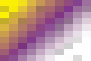 Digital square mosaic background with a smooth color gradient from bright yellow to rich purple and soft white tones, modern pixel art texture