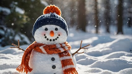 snowman on the snow,Cute Snowman in Winter Forest