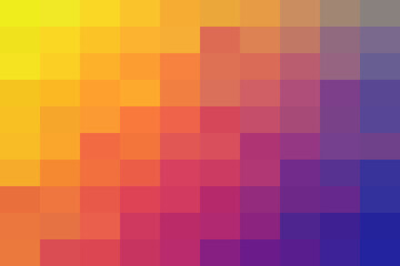 Vibrant pixelated gradient background with a smooth transition from yellow and orange hues to rich magenta and deep blue tones, abstract art.