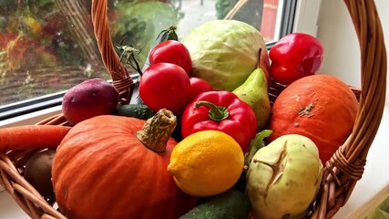 Wicker basket overflowing with colorful fresh autumn vegetables and fruit by a window. - Powered by Adobe