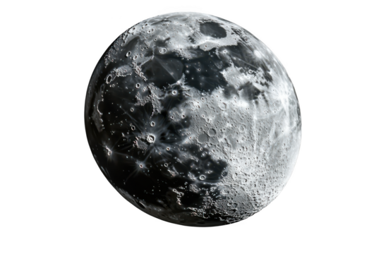 Detailed full moon lunar surface craters celestial body astronomy space exploration image isolated on transparent background