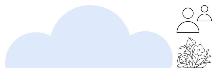 Large blue cloud with line drawings of two people and blooming flowers. Ideal for teamwork, digital cloud storage, collaboration, networking, nature, community, and growth. Simple flat metaphor