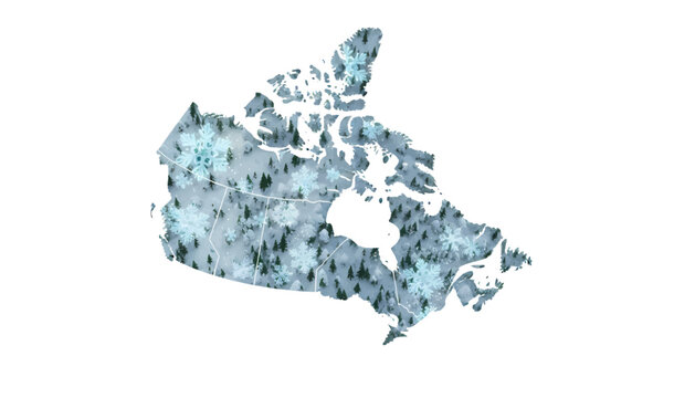 A creative illustration of the map of Canada filled with a winter wonderland scene of a snowy forest and falling snowflakes, isolated on a white background