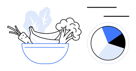 Bowl containing broccoli, banana, carrots, and leafy greens alongside a pie chart. Ideal for nutrition planning, healthy eating, diet tracking, balanced lifestyle, health awareness meal planning