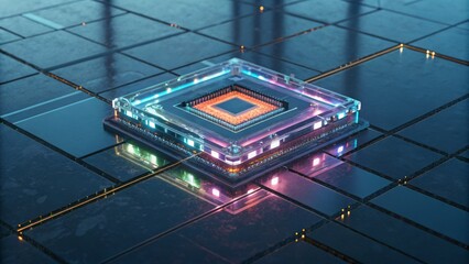 A futuristic computer chip with colorful lights sitting on a circuit board