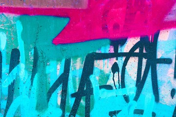 Naklejka premium Vibrant graffiti art in neon pink, blue, green. Retro 80s style, trippy abstract design with bold strokes. Street art, urban murals, creative background, modern 90s, Y2K visuals.