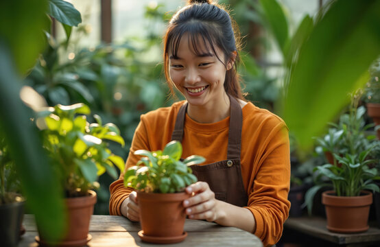 Smiling Asian woman gardener handles potted plant in greenhouse. Works with green houseplants, tending to botanical specimens. Young female enjoys occupation with joy, care in nursery setting. - Powered by Adobe