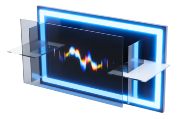 Futuristic digital display with blue neon frame and sound waves on isolated background