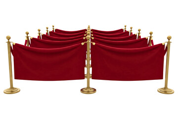 Red velvet rope barriers with gold stanchions for vip entrance on isolated background