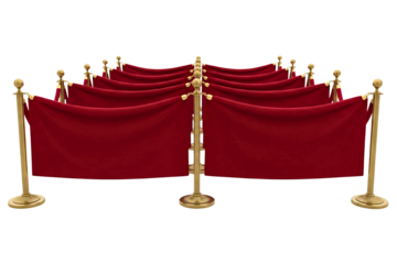 Red velvet rope barriers with gold stanchions for vip entrance on isolated background