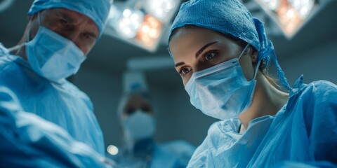 Two skilled surgeons focus intently on a complex operation in a modern operating room. Bright lights illuminate their meticulous work as they strive for success
