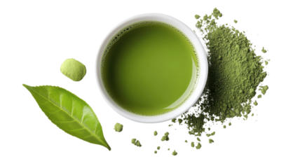 Fresh matcha green tea in a white bowl with green tea leaves and powder on a clean background.