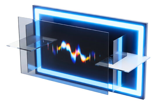 Futuristic digital display with blue neon frame and sound waves on isolated background