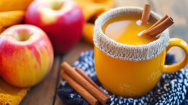 Warm mug of spiced apple cider with cinnamon sticks and fresh red apples on a rustic wooden table for autumn - Powered by Adobe