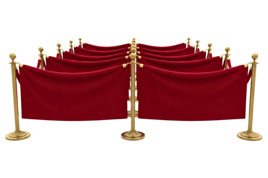 Red velvet rope barriers with gold stanchions for vip entrance on isolated background
