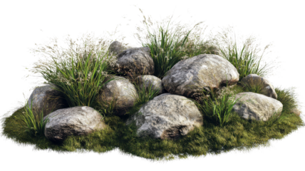 Natural rock formation surrounded by green grass and wild plants in a scenic outdoor setting during daylight.