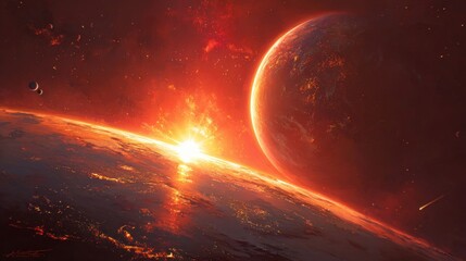 Obraz premium Fiery sunrise with Earth, space, and planets