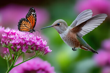 Fototapeta premium Hummingbird and Butterfly on Pink Flower