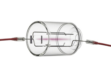 Retro futuristic glass tube with glowing purple energy beam on isolated background
