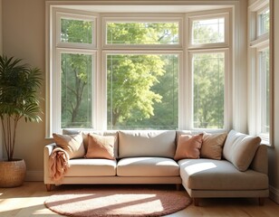 Fototapeta premium Bright living room with large windows overlooking green trees. A comfortable sofa with pillows sits in a sunny space. Cozy home interior with natural light and a decorative plant.