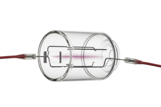 Retro futuristic glass tube with glowing purple energy beam on isolated background