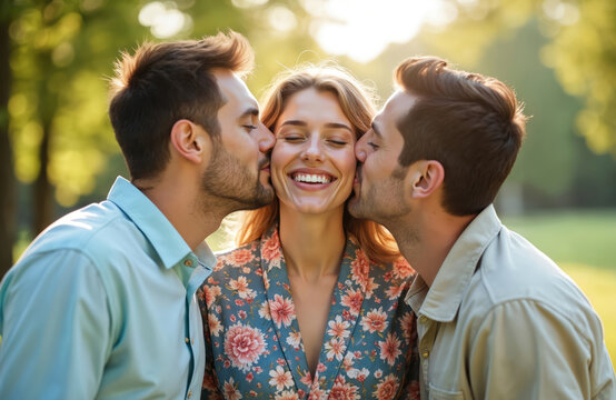 Two men kiss woman cheeks in park setting during daytime. Smiling woman enjoys attention from both men, suggesting complex relationship dynamic or polyamory. Sunlight filters through trees.