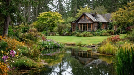 Fototapeta premium Idyllic cottage nestled amongst lush garden, reflected in the pond's still waters