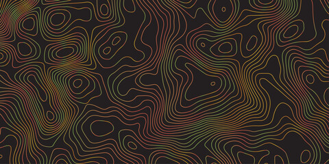Abstract dark topographic pattern featuring fluid contour lines in warm red, orange, and green tones. Modern seamless design ideal for backgrounds, wallpapers, branding, and digital graphics.