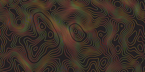Abstract dark topographic pattern featuring fluid contour lines in warm red, orange, and green tones. Modern seamless design ideal for backgrounds, wallpapers, branding, and digital graphics.