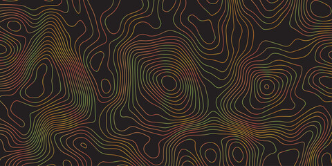 Abstract dark topographic pattern featuring fluid contour lines in warm red, orange, and green tones. Modern seamless design ideal for backgrounds, wallpapers, branding, and digital graphics.