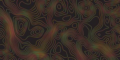 Abstract dark topographic pattern featuring fluid contour lines in warm red, orange, and green tones. Modern seamless design ideal for backgrounds, wallpapers, branding, and digital graphics.
