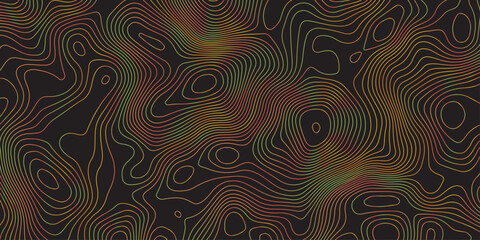 Abstract dark topographic pattern featuring fluid contour lines in warm red, orange, and green tones. Modern seamless design ideal for backgrounds, wallpapers, branding, and digital graphics.
