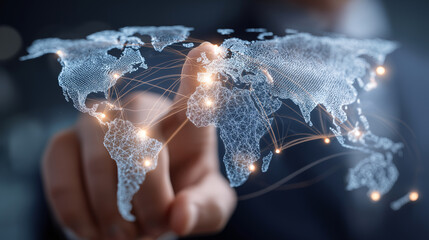 Businessperson touching holographic world map interface, digital network connection, global communication, technology innovation, futuristic concept, glowing points, interactive display