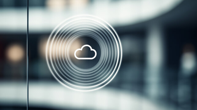 Minimal cloud computing icon on concentric glass rings, modern digital technology concept, abstract background with shallow depth of field and soft focus