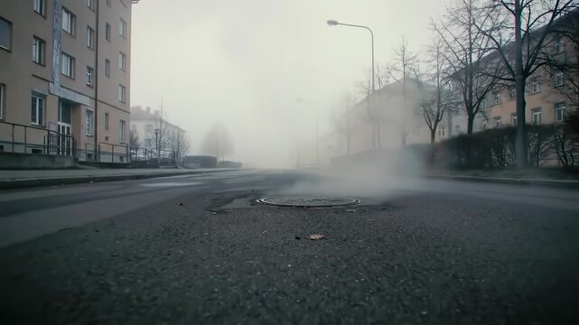 Foggy city street view with rising steam from manhole cover, creates mystery.