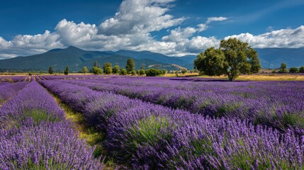 Blooming purple lavender field under a blue, cloudy sky, with mountains in the distance