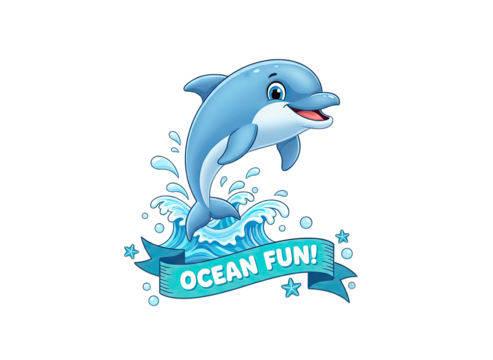 Cheerful cartoon dolphin leaping through blue ocean waves with a banner reading Ocean Fun on a transparent background suitable for aquatic themes and children entertainment designs