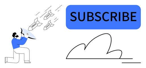 Man defends himself with a shield against incoming internet threats labeled ADS near prominent SUBSCRIBE label. Ideal for cybersecurity, digital subscription, protection, marketing, focus