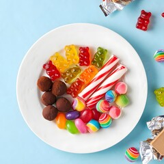 Assorted candies on a white plate against a light blue background scene