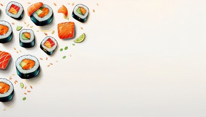 Colorful sushi rolls are arranged artistically, showcasing culinary variety and fresh ingredients, indulgence, elegance, gastronomic delight. Illustration isolated with free space for text.