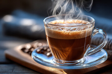 Fototapeta premium Steaming Hot Coffee in a Glass Cup on a Wooden Board with Coffee Beans