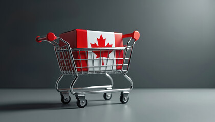 Miniature shopping cart holds red, white box with Canadian flag. Represents e-commerce, online retail market, consumer buying in Canada. Concept for business, trade, import, export goods, digital