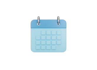 Clean Isolated 3D Rendered Blue Calendar Icon with Rounded Corners and Metal Rings on Transparent Background