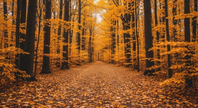 Autumn forest pathway with fallen leaves and trees in golden light
