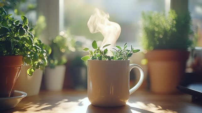 Steaming mug filled with fresh green herb plant sitting on a sunlit wooden table next to other potted plants indoors