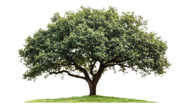 Large green tree with expansive canopy standing alone on grassy landscape.