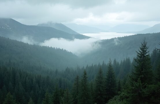 Misty Norwegian mountains covered in spruce forest. White fog hides the fjord and distant peaks. Evergreen trees blanket the hills. Serene natural landscape.