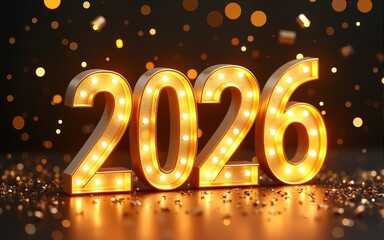 2026 Happy New Year greeting card template with luxury golden numbers. Realistic confetti and warm congratulations. High quality