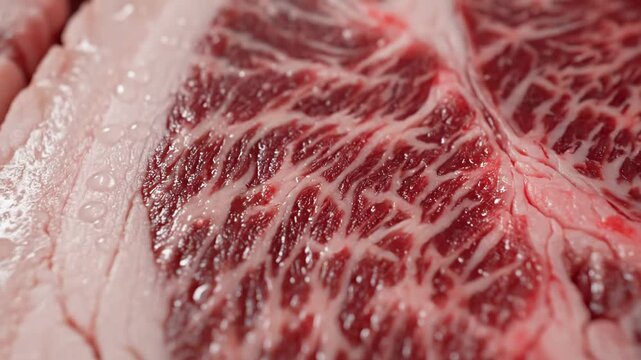 Premium Wagyu Beef Steak Close-up Marbling, Texture, Rich Red Meat, Fine Food